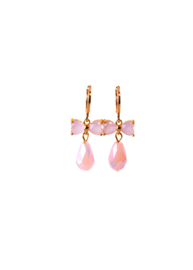 Oorbelletjes met hartjesstrikje en kleine druppel crystal roze