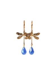 Oorbellen libelle goldplated en crystal blauw