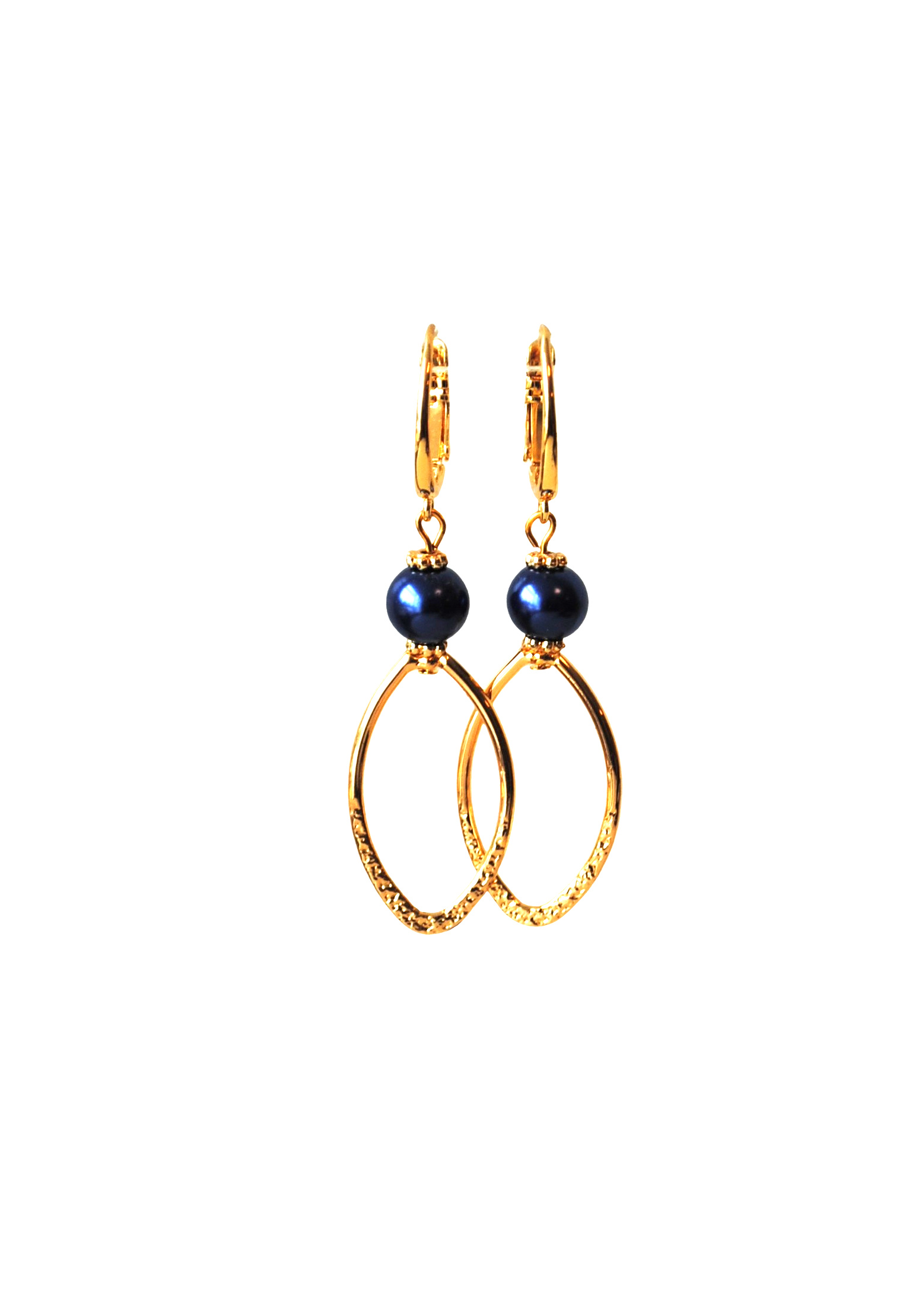 Oorbellen met glasparel blauw en hanger 24K goldplated