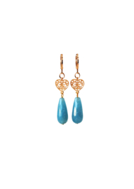 Oorbellen met hartje 24K goldplated en druppel blauw kwarts