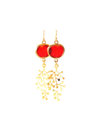 Oorbellen met crystal rood en hanger goldplated