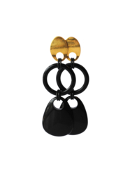 Oorbellen met ring en hanger zwart en oorsteker oud goldplated