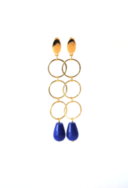 Oorbellen 3 ringen goldplated of rhodium (zilverkleur) en agaat blauw