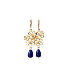 Oorbellen met tussenstuk bloemen 24K goldplated en druppel jade blauw