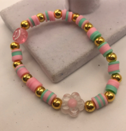 flower pastel groen en roze armband 17 cm