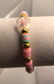 flower pastel groen en roze armband 17 cm