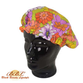 Nightcap or bonnet with bright floral print