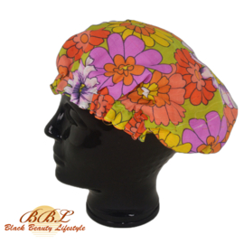 Nightcap or bonnet with bright floral print