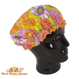 Nightcap or bonnet with bright floral print