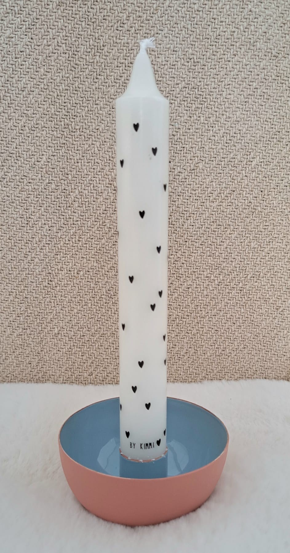 Kaars hartjes in perzik/blauwe kandelaar