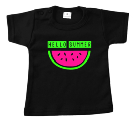 Shirtje - hello summer met watermeloen - neon groen en roze