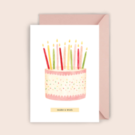 Wenskaart A6 - Make A Wish/verjaardagstaart met kaarsjes incl. envelop