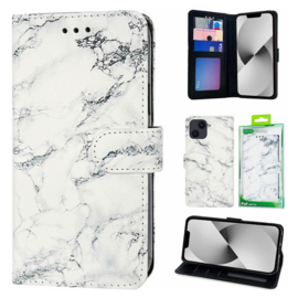 Book Case voor iPhone 16 Pro Max - Witte Marmer Printje - Ruimte voor 3 pasjes