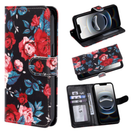iPhone 17 Air - Bookcase - Rode Bloemen Printje - Ruimte voor 3 pasjes - Met Pashouder en Standaardfunctie