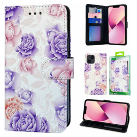 Book Case voor iPhone 16 Pro Max - Paarse Bloemen Printje - Ruimte voor 3 pasjes