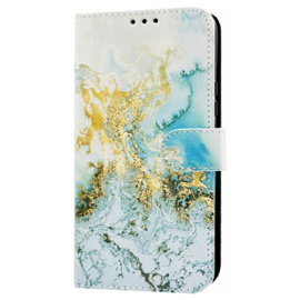 Book Case voor iPhone 16e - Marmer Blauw Printje - Ruimte voor 3 pasjes