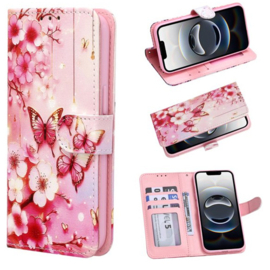 iPhone 17 Air - Bookcase - Roze Bloemen en Vlinder Printje - Ruimte voor 3 pasjes - Met Pashouder en Standaardfunctie