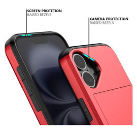 iPhone 16 Plus - Achterkantje met pashouder - Rood - Ruimte voor 2 pasjes - Schokabsorberend