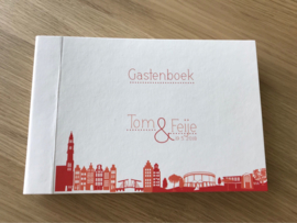 Trouwkaart |  geprint |  8 x 20 cm | 2  kleuren  | 'Skyline Amsterdam +Westergasfabriek' vanaf