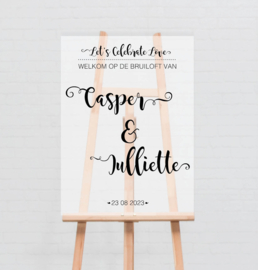 Welkomstbord bruiloft  | transparant handlettering chique 'Casper & Juliette"