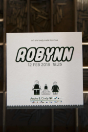 Geboortekaartje | letterpress  | 13 x 13 cm | 2 kleuren | 'Lego Robynn' vanaf