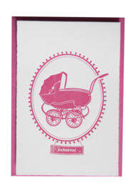 Kaart geboorte | Geboren vintage kinderwagen | roze