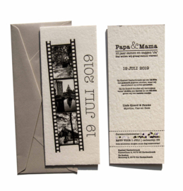 Trouwkaart | letterpress  |  8x 20 cm | 1 kleur | 'foto film Femke & Sjoerd' vanaf