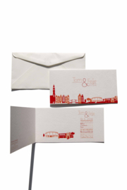 Trouwkaart |  geprint |  8 x 20 cm | 2  kleuren  | 'Skyline Amsterdam +Westergasfabriek' vanaf