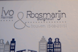 Trouwkaart | letterpress   |  8 x 20 cm | 2  kleuren  | 'Skyline Amsterdam +Ijburg' vanaf