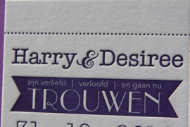 Trouwkaart | letterpress  | 10 x 20 cm | 1 kleur | 'Wij gaan trouwen | Harry & Desiree' vanaf