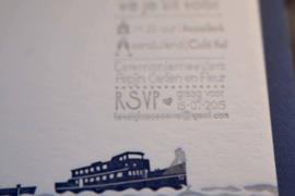 Trouwkaart | letterpress   |  8 x 20 cm | 2  kleuren  | 'Skyline Amsterdam +Ijburg' vanaf