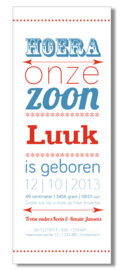 Geboortekaartje | letterpress  | 8 x 20 cm | 2 kleuren  | 'Hoera een zoon' vanaf