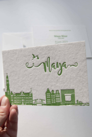 Geboortekaartje | letterpress  | 10 x 15cm | 2 drukgangen| ' Skyline Amsterdam ' vanaf