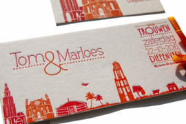 Trouwkaart | letterpress   |  8 x 20 cm | 2  kleuren  | 'Persoonlijke skyline' vanaf