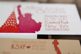 Trouwkaart +Save the date | letterpress  |  8 x 20 cm | 2  kleuren  | 'Skyline New York' vanaf