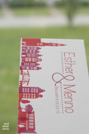 Trouwkaart | letterpress   |  8 x 20 cm | 2  kleuren  | 'Skyline Amsterdam +Westergasfabriek' vanaf