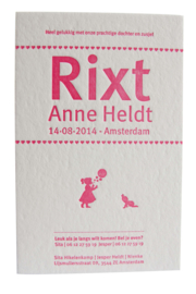 Geboortekaartje | letterpress  | 11 x 17 cm | 1 kleur | 'Bellenblaas zusje Rixt' vanaf