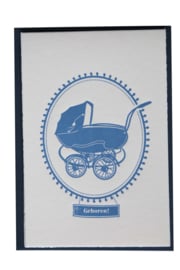 Kaart geboorte | Geboren vintage kinderwagen | blauw