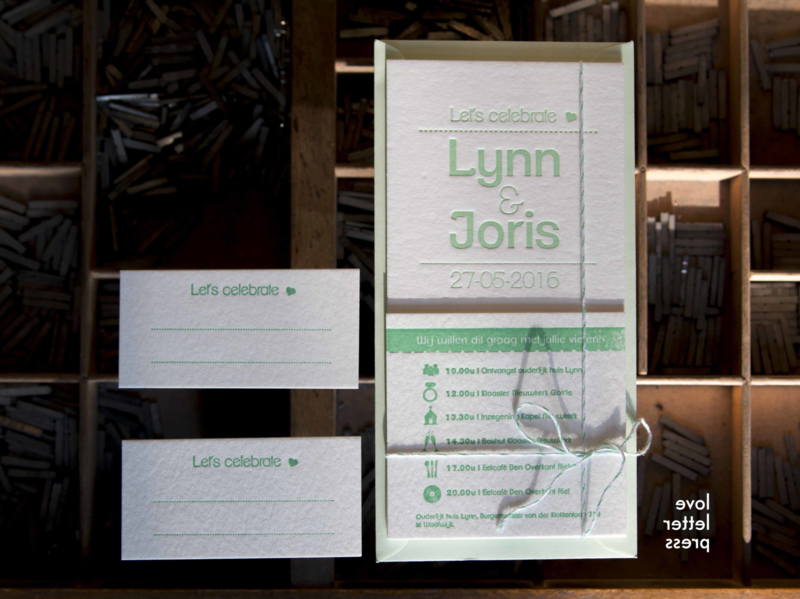 Trouwkaart | letterpress  | trouwstijl | 10 x 20 cm | 1 kleuren | ' Let's celebrate Jorg & leonie' vanaf