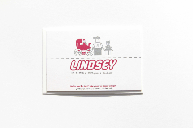 Geboortekaartje | letterpress  | 11 x 17cm | 2 keuren | 'Lego Lindsey vanaf