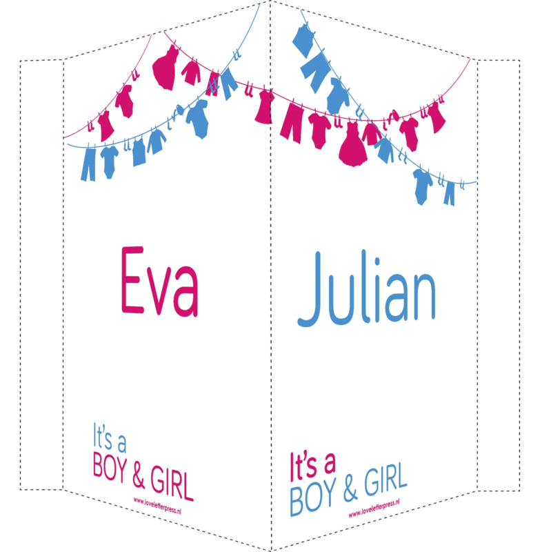 Geboortebord/ raambord | Tweeling waslijn jongen/meisje | naam | blauw/roze vanaf