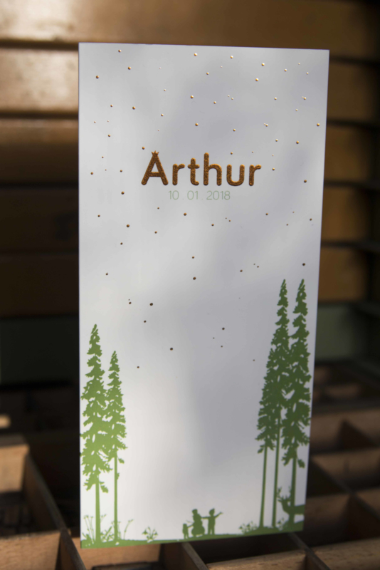 Geboortekaartje | letterpress  | 8 x 20 cm | 2 kleuren | 'Winter Arthur' vanaf