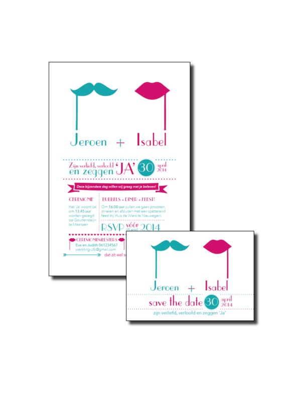 Trouwkaart | letterpress  | 11 x 17 cm | 2 kleuren | 'Snor+ Lippen Vintage' vanaf