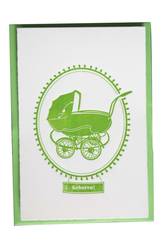 Kaart geboorte | Geboren vintage kinderwagen | groen