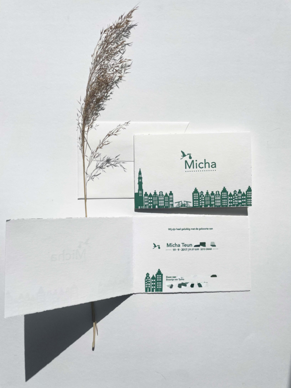 Geboortekaartje | letterpress  | 10 x 15cm | 2 drukgangen | ' Skyline Amsterdam bakfiets ' vanaf