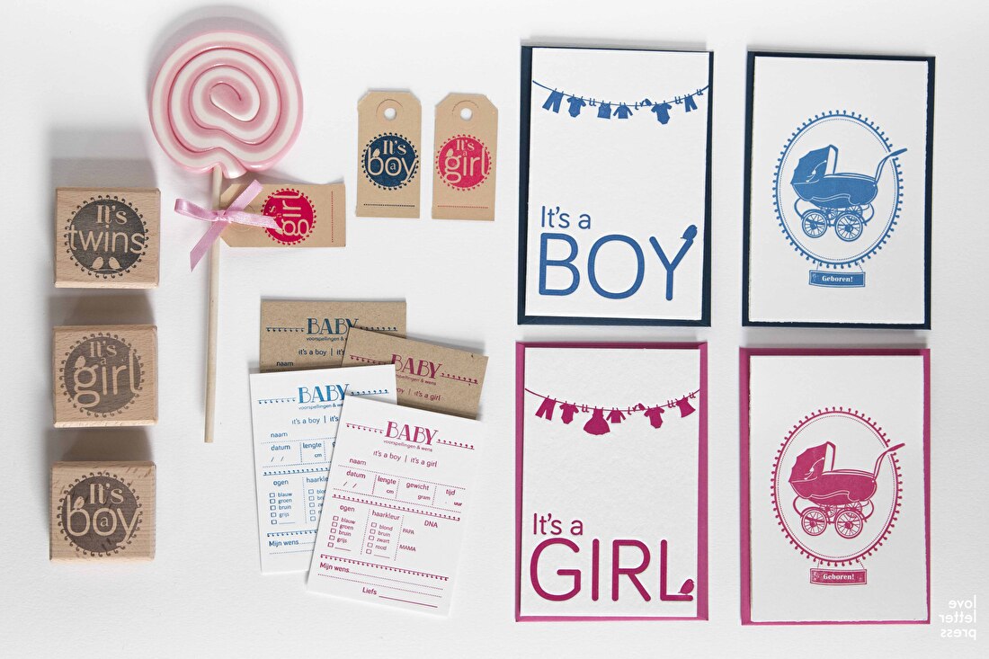 babyshower en kraamfeest producten, baby voorspellings kaarten, It's girl of boy, geboortestempel