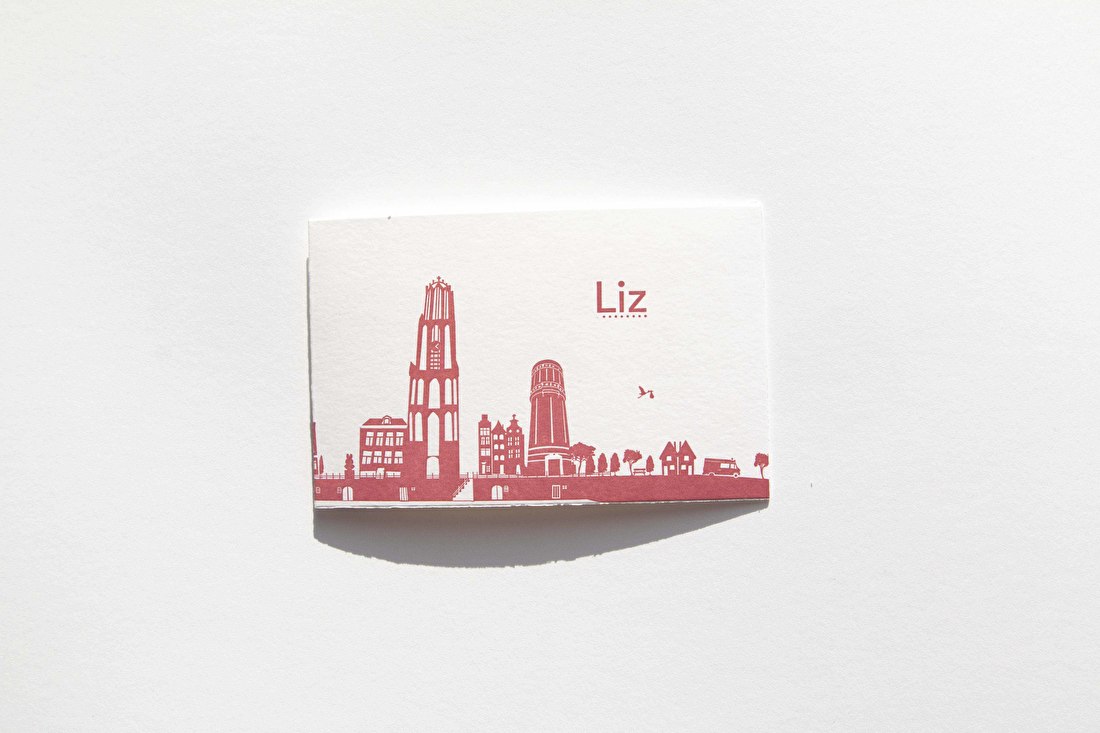 Lis, geboortekaartje, goedkoop, letterpress, skyline Utrecht, nijntje, de dom, Oud Hollands papier, met scheprand, minimalistisch