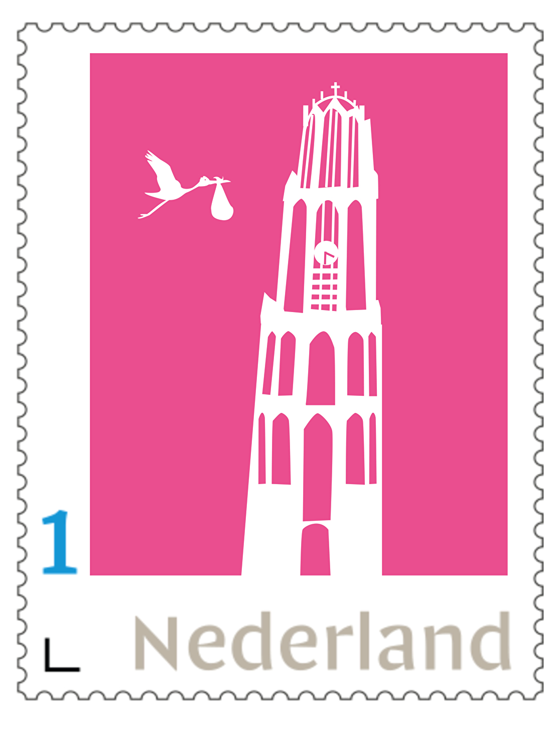 persoonlijke postzegel geboorte de dom utrecht, ooievaar, jongen og meisje, roze