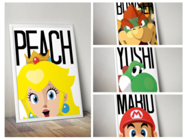 Posters 4 stuks Mario, Yoshi, Peach & Bowser