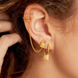 Oorknopje met slot en earcuff - Stainless steel goudkleurig